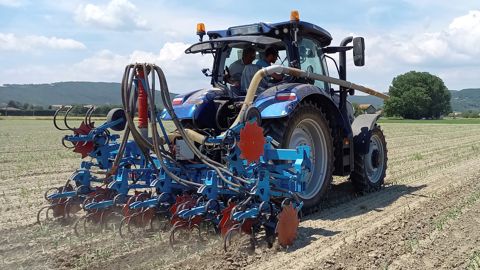 Le quatrième point 4PTH d'Hydrokit est installé sur une bineuse Monosem Supercrop de six rangs pour les binages de tournesol et de maïs. Le quatrième point 4PTH d'Hydrokit est installé sur une bineuse Monosem Supercrop de six rangs pour les binages de tournesol et de maïs.