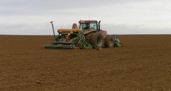 Tracteur au cours du semis de blé.