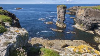 Aux îles Orcades, au nord de l'Ecosse, le sol se colore d'une lumière unique, ici sur le rocher du château de Yesnaby. Aux îles Orcades, au nord de l'Ecosse, le sol se colore d'une lumière unique, ici sur le rocher du château de Yesnaby.