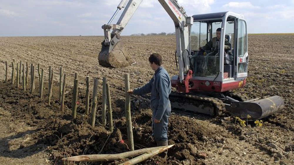 Deux jeunes salariés installent des aménagements paysagers le long d’une parcelle. © Stéphane Leitenberger