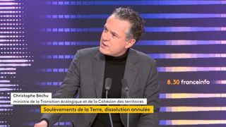 Selon le ministre de la Transition écologique, l'annulation de la dissolution des Soulèvements de la Terre « n'est absolument pas un camouflet pour le gouvernement », mais un avertissement pour le collectif. Selon le ministre de la Transition écologique, l'annulation de la dissolution des Soulèvements de la Terre « n'est absolument pas un camouflet pour le gouvernement », mais un avertissement pour le collectif.