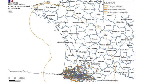 Nombre et localisation des foyers de maladie hémorragique épizootique MHE au 3 janvier 2024 selon le ministère de l’Agriculture.