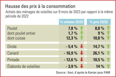 Prix et consommation de la viande de poulet canard dinde pintabe et produis élaborés à partir de viande de volaille