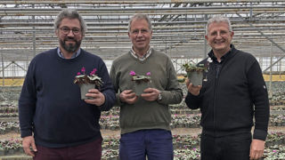 Eric Beaude, CEO de Morel, Aad Koen, directeur de Koen, et Guy Schertzer, directeur adjoint et responsable des ventes chez Morel, ont signé le rachat des sélections de cyclamens botaniques du néerlandais Koen.