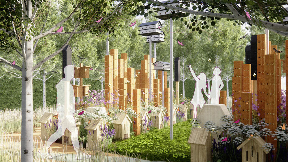 Dans le jardin Pollinisators City, les concepteurs, Scott Biehle, paysagiste, Fiorella Sibaja et Kara Simmons, étudiantes, ont imaginé ce que pourrait être notre monde si l’homme n’était pas l’espèce dominante.