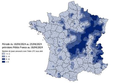 Nombre de jours annoncés avec des minimales sous abri inférieures à 2C pour la période du 18 au 25 avril 2024