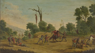 Cavaliers pillés par des voleurs, par Jacques Callot (1592-1635). Cavaliers pillés par des voleurs, par Jacques Callot (1592-1635).