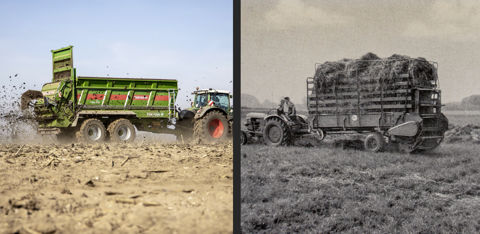 Près de 70 ans séparent ces deux épandeurs de fumier Bergmann. Près de 70 ans séparent ces deux épandeurs de fumier Bergmann.