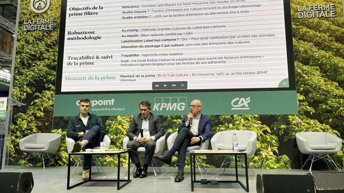 Luc Bailly, cofondateur de ReSoil, Jean-Philippe Nicot, DG de Nicot Meunerie, et Alain Caekaert, DG de Cérévia, ont présenté, jeudi 27 février au Sia, la filière bas-carbone Vert by Cérévia.