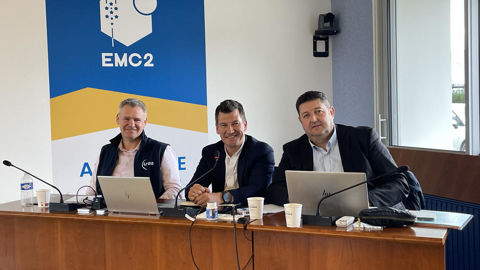 Stéphane Wilhelm, président de Course for Est et DG d'Area, Arnaud Le Grom de Maret, DG d'EMC2, et Philippe Dessertenne, DG de Lorca, lors du comité de pilotage mensuel de la 15e édition du semi-marathon des coopératives agricoles, mardi 11 mars, à Bras-sur-Meuse (Meuse).