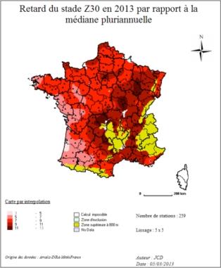 Ecart à la date médiane d’occurrence du stade épi 1 cm en pluriannuel. (cliquer pour agrandir)