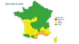 Mercredi 6 août 2025, Météo-France classe sept départements en danger élevé de feux. Mercredi 6 août 2025, Météo-France classe sept départements en danger élevé de feux.