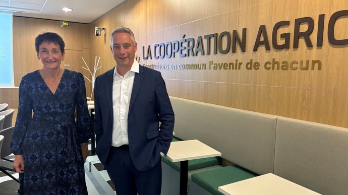 Catherine Matt, directrice, et Antoine Hacard, président de La Coopération agricole Métiers du grain, mercredi 24 septembre, à Paris.
