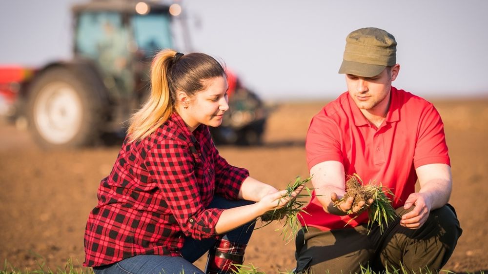 Jeunes agriculteurs dans un champ avec un tracteur