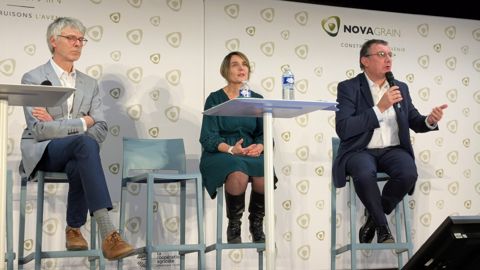 Jean-Paul Vinot (vice-président), Isabelle Bottino (directrice générale) et Benoit Piétrement (président), lors de l'assemblée générale de Novagrain, mercredi 3 décembre, à Connantre (Marne).