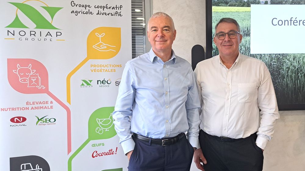 Damien François, directeur général du groupe Noriap, et David Saelens, président, mardi 16 décembre, lors de la conférence de presse de présentation des résultats de la coopérative.