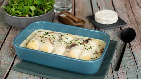 Quenelles au saint-marcellin et champignons.