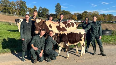 L’équipe de Brioude-Bonnefont autour de Sibelle, vache ferrandaise et sa velle Annabelle. De gauche à droite : Léa Constant, Loan Vigouroux, Leny Potelleret, Clément Laterrisse, Lucie Combourieu, Mathilde Alinc. Au premier plan : Corentin Pons et Lise Bouquet.