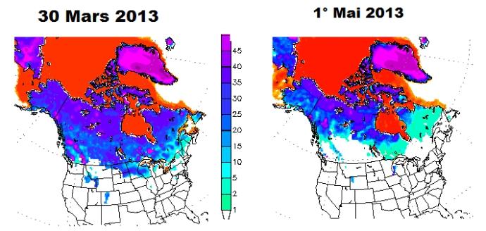 Variation de l’épaisseur de neige entre le 30 mars 2013 et le 1er mai sur le Nord des Etats-Unis.