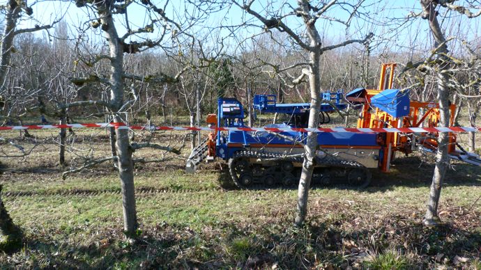 Le chenillard Slopehelper du Slovène Pek Automotive se guide dans les vergers grâce à un capteur doppler. Il peut porter une plateforme de travail et différents outils de pulvérisation, travail du sol, désherbage, taille, récolte…