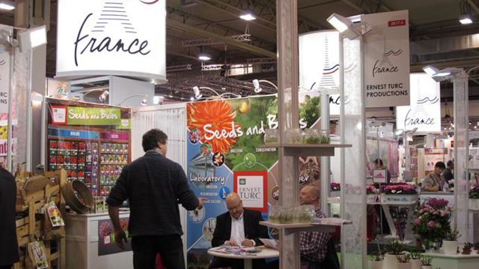 © Valérie Vidril Au total, près de cinquante stands français étaient présents sur IPM, dont une majorité sur le stand collectif français horticole du Hall 2 (notre photo) et celui consacré à la pépinière dans le hall 10. 